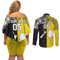 Custom New Zealand Maori And Niue Hiapo Couples Matching Off Shoulder Short Dress and Long Sleeve Button Shirt Lizard And Coconut Crab Together LT05 - Polynesian Pride