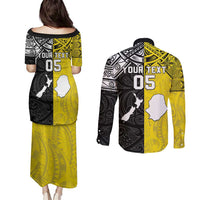 Custom New Zealand Maori And Niue Hiapo Couples Matching Puletasi and Long Sleeve Button Shirt Lizard And Coconut Crab Together LT05 - Polynesian Pride