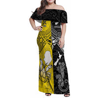 Custom New Zealand Maori And Niue Hiapo Family Matching Off Shoulder Maxi Dress and Hawaiian Shirt Lizard And Coconut Crab Together LT05 Mom's Dress Yellow - Polynesian Pride