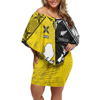 Custom New Zealand Maori And Niue Hiapo Off Shoulder Short Dress Lizard And Coconut Crab Together LT05 Women Yellow - Polynesian Pride