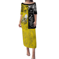 Custom New Zealand Maori And Niue Hiapo Puletasi Lizard And Coconut Crab Together LT05 Long Dress Yellow - Polynesian Pride