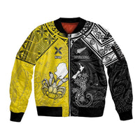 Custom New Zealand Maori And Niue Hiapo Sleeve Zip Bomber Jacket Lizard And Coconut Crab Together LT05 Unisex Yellow - Polynesian Pride