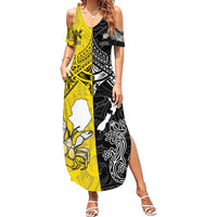 Custom New Zealand Maori And Niue Hiapo Summer Maxi Dress Lizard And Coconut Crab Together LT05 Women Yellow - Polynesian Pride