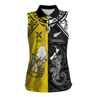Custom New Zealand Maori And Niue Hiapo Women Sleeveless Polo Shirt Lizard And Coconut Crab Together LT05 Female Yellow - Polynesian Pride