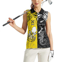 Custom New Zealand Maori And Niue Hiapo Women Sleeveless Polo Shirt Lizard And Coconut Crab Together LT05 - Polynesian Pride