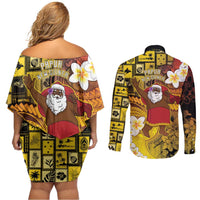 Papua New Guinea Retro Christmas Couples Matching Off Shoulder Short Dress and Long Sleeve Button Shirt Hamamas Krismas - Polynesian Pride