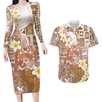 Tonga Christmas Couples Matching Long Sleeve Bodycon Dress and Hawaiian Shirt Kilisimasi Fiefia Retro Style Brown LT05 Brown - Polynesian Pride