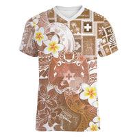 Tonga Christmas Women V-Neck T-Shirt Kilisimasi Fiefia Retro Style Brown LT05 Female Brown - Polynesian Pride