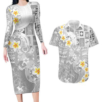 Tonga Christmas Couples Matching Long Sleeve Bodycon Dress and Hawaiian Shirt Kilisimasi Fiefia Retro Style White LT05 White - Polynesian Pride