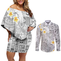 Tonga Christmas Couples Matching Off Shoulder Short Dress and Long Sleeve Button Shirt Kilisimasi Fiefia Retro Style White LT05 White - Polynesian Pride