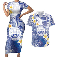 Federated States Of Micronesia Christmas Couples Matching Short Sleeve Bodycon Dress and Hawaiian Shirt Retro Style Bright Version LT05 Blue - Polynesian Pride