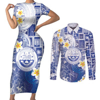 Federated States Of Micronesia Christmas Couples Matching Short Sleeve Bodycon Dress and Long Sleeve Button Shirt Retro Style Bright Version LT05 Blue - Polynesian Pride
