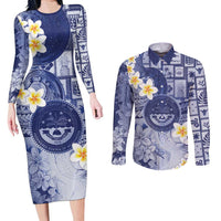 Federated States Of Micronesia Christmas Couples Matching Long Sleeve Bodycon Dress and Long Sleeve Button Shirt Retro Style Dark Version LT05 Navy - Polynesian Pride