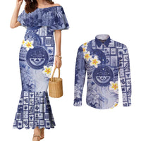 Federated States Of Micronesia Christmas Couples Matching Mermaid Dress and Long Sleeve Button Shirt Retro Style Dark Version LT05 Navy - Polynesian Pride