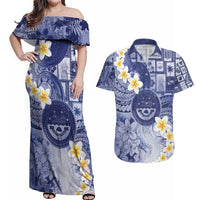 Federated States Of Micronesia Christmas Couples Matching Off Shoulder Maxi Dress and Hawaiian Shirt Retro Style Dark Version LT05 Navy - Polynesian Pride