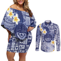 Federated States Of Micronesia Christmas Couples Matching Off Shoulder Short Dress and Long Sleeve Button Shirt Retro Style Dark Version LT05 Navy - Polynesian Pride