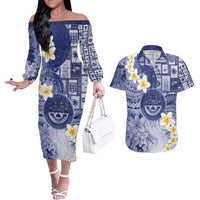 Federated States Of Micronesia Christmas Couples Matching Off The Shoulder Long Sleeve Dress and Hawaiian Shirt Retro Style Dark Version LT05 Navy - Polynesian Pride