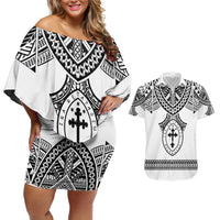 Personalised Melanesian Brotherhood Couples Matching Off Shoulder Short Dress and Hawaiian Shirt With Tribal Pattern LT05 White - Polynesian Pride