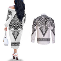 Personalised Melanesian Brotherhood Couples Matching Off The Shoulder Long Sleeve Dress and Long Sleeve Button Shirt With Tribal Pattern LT05 - Polynesian Pride