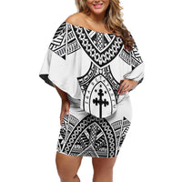 Personalised Melanesian Brotherhood Family Matching Off Shoulder Short Dress and Hawaiian Shirt With Tribal Pattern LT05 Mom's Dress White - Polynesian Pride
