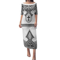 Personalised Melanesian Brotherhood Family Matching Puletasi and Hawaiian Shirt With Tribal Pattern LT05 Mom's Dress White - Polynesian Pride