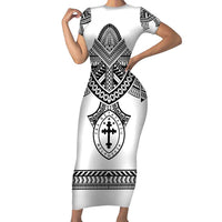 Personalised Melanesian Brotherhood Family Matching Short Sleeve Bodycon Dress and Hawaiian Shirt With Tribal Pattern LT05 Mom's Dress White - Polynesian Pride