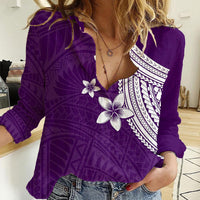 Polynesian Women Casual Shirt With Plumeria Flower Purple LT6 Female Purple - Polynesian Pride