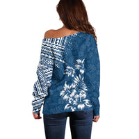 Hawaii Summer Off Shoulder Sweater Mix Polynesian Dark Blue LT6 - Polynesian Pride