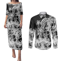 Polynesian Sea Turtle Couples Matching Puletasi Dress and Long Sleeve Button Shirts Tribal Black LT6 Black - Polynesian Pride