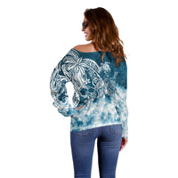 Polynesian Sea Turtle Off Shoulder Sweater Tribal Blue LT6 - Polynesian Pride