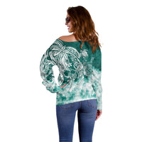 Polynesian Sea Turtle Off Shoulder Sweater Tribal Green LT6 - Polynesian Pride