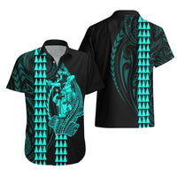 Polynesian Couples Matching Outfits Long Sleeve Dress And Long Sleeve Button Shirt Hawaiian Warrior and Aloha Girl With Hammerhead Shark Tattoos Turquoise LT6 - Polynesian Pride