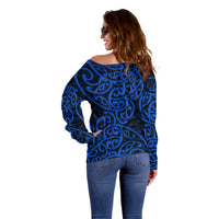 New Zealand Off Shoulder Sweater Maori Pattern Blue LT6 - Polynesian Pride