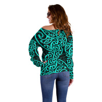 New Zealand Off Shoulder Sweater Maori Pattern Turquoise LT6 - Polynesian Pride