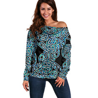 New Zealand Off Shoulder Sweater Maori Pattern Papua Shell LT6 Women Green - Polynesian Pride