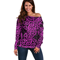 New Zealand Off Shoulder Sweater Maori Pattern Purple LT6 Women Purple - Polynesian Pride