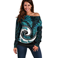 New Zealand Off Shoulder Sweater Maori With Silver Fern Papua Shell Green Ver.2 LT6 Women Green - Polynesian Pride