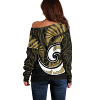 New Zealand Off Shoulder Sweater Maori With Silver Fern Gold LT6 - Polynesian Pride