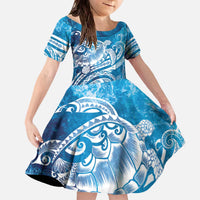 World Ocean Day Polynesian Pattern Family Matching Off The Shoulder Long Sleeve Dress and Hawaiian Shirt Crystal Waves LT7 Daughter's Dress Blue - Polynesian Pride