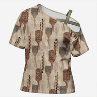 Aloha Hawaii Vintage Kahili Pa'a Lima Cross Shoulder Shirt Palaka Print Cozy Beige