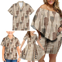 Aloha Hawaii Vintage Kahili Pa'a Lima Family Matching Off Shoulder Short Dress and Hawaiian Shirt Palaka Print Cozy Beige
