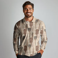 Aloha Hawaii Vintage Kahili Pa'a Lima Long Sleeve Polo Shirt Palaka Print Cozy Beige