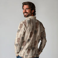 Aloha Hawaii Vintage Kahili Pa'a Lima Long Sleeve Polo Shirt Palaka Print Cozy Beige