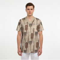 Aloha Hawaii Vintage Kahili Pa'a Lima Scrub Top Palaka Print Cozy Beige