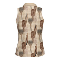 Aloha Hawaii Vintage Kahili Pa'a Lima Women Sleeveless Polo Shirt Palaka Print Cozy Beige