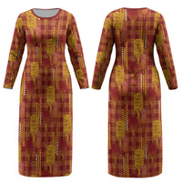 Aloha Hawaii Vintage Kahili Pa'a Lima Couples Matching Long Sleeve Bodycon Dress and Hawaiian Shirt Palaka Print Hilo Royal Red-Yellow