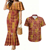Aloha Hawaii Vintage Kahili Pa'a Lima Couples Matching Mermaid Dress and Hawaiian Shirt Palaka Print Hilo Royal Red-Yellow