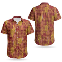 Aloha Hawaii Vintage Kahili Pa'a Lima Couples Matching Off Shoulder Maxi Dress and Hawaiian Shirt Palaka Print Hilo Royal Red-Yellow