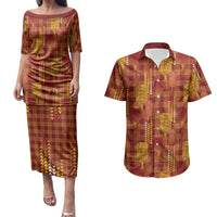 Aloha Hawaii Vintage Kahili Pa'a Lima Couples Matching Puletasi and Hawaiian Shirt Palaka Print Hilo Royal Red-Yellow