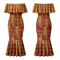 Aloha Hawaii Vintage Kahili Pa'a Lima Family Matching Mermaid Dress and Hawaiian Shirt Palaka Print Hilo Royal Red-Yellow